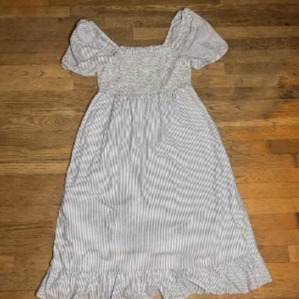 J. Crew Dress Smocked Cotton Dress Puff Sleeve Blue Pinstripe Square Neck Large